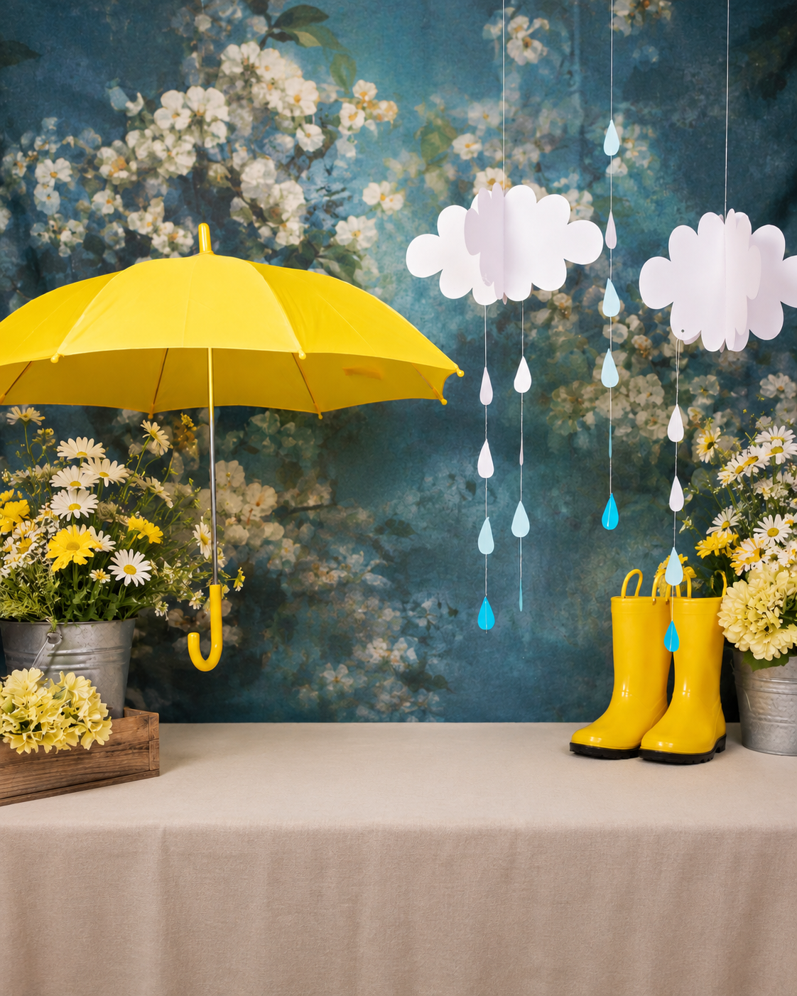 Spring portrait set with a bright yellow umbrella, rain boots, hanging paper clouds and raindrops, and fresh daisies