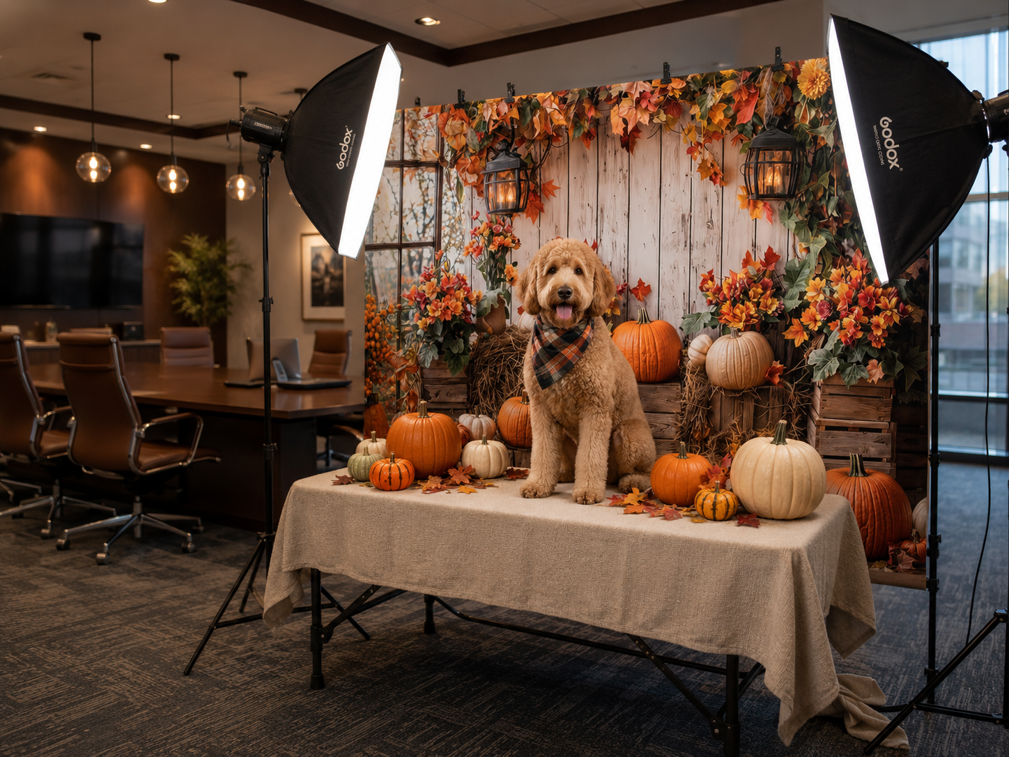 Autumn portrait set with pumpkins and fall foliage assembled beside a conference table in an office lobby, lit by two softboxes