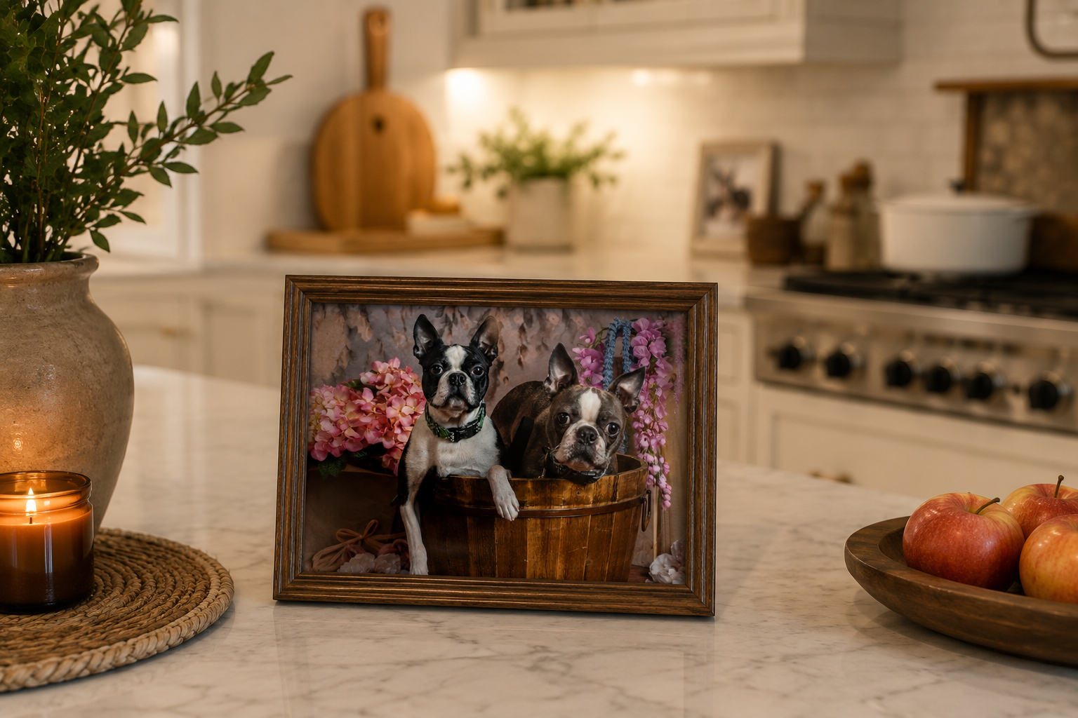 Framed portrait of two Boston Terriers displayed on a marble kitchen counter