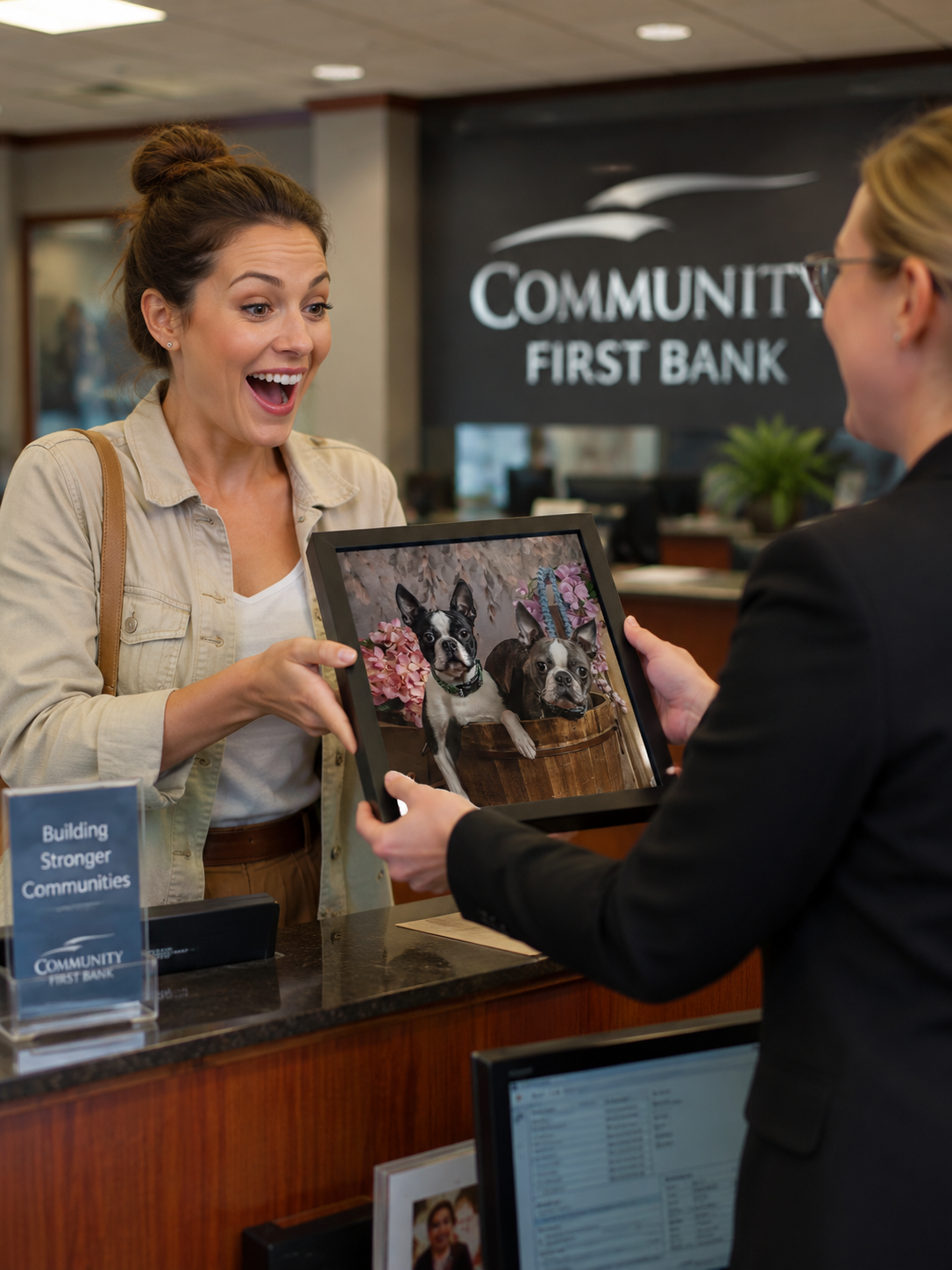 Bank customer happily receiving a framed portrait of her two Boston Terriers at the counter