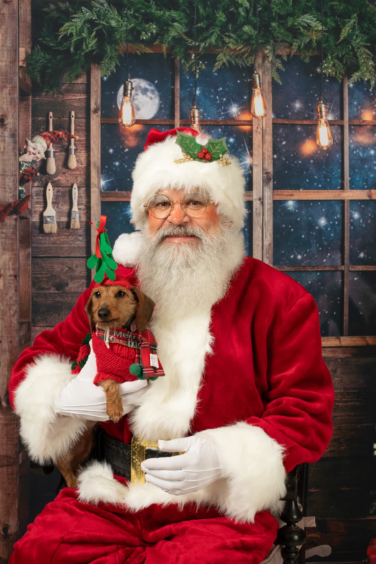 Santa Claus holding a small dachshund in a holiday portrait