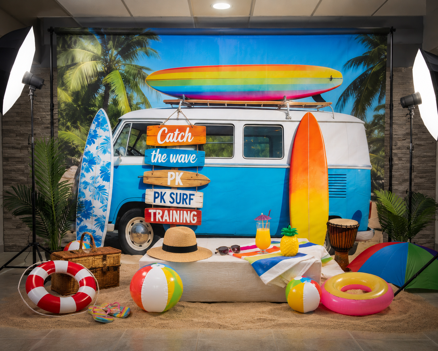 Bright summer portrait set with a vintage blue van, surfboards, palm trees, beach balls, and tropical props