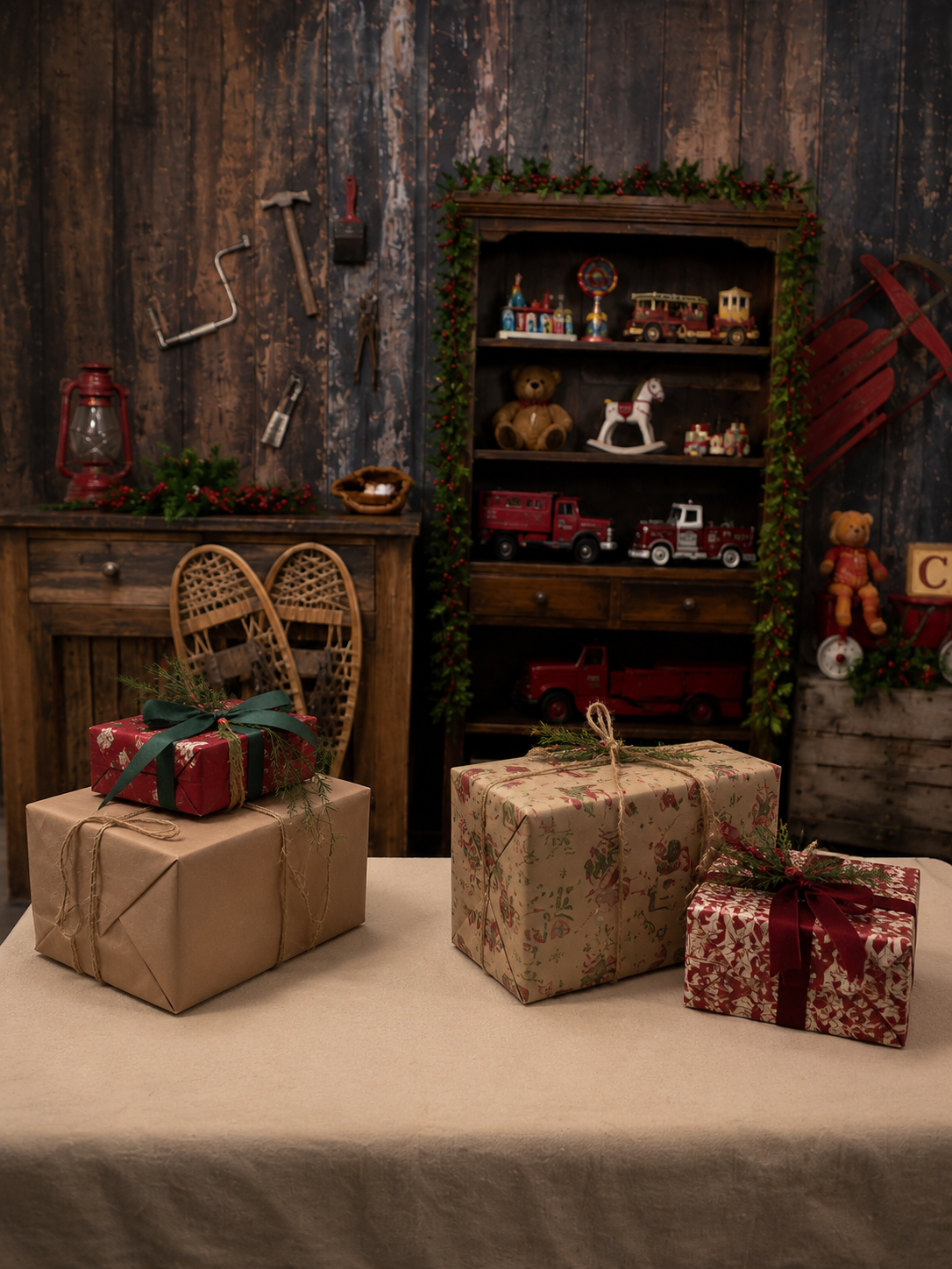 Festive Christmas portrait scene with holiday decor, warm lighting, and seasonal props