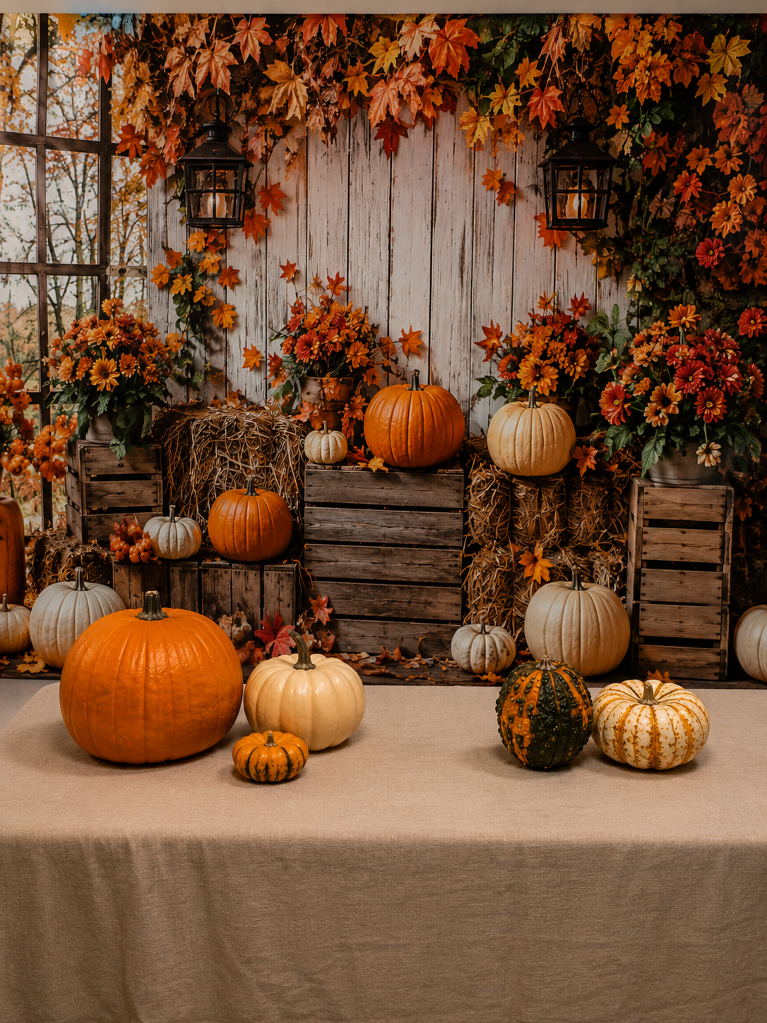 Autumn portrait set with pumpkins, gourds, hay bales, and colorful fall leaves against a rustic wood wall