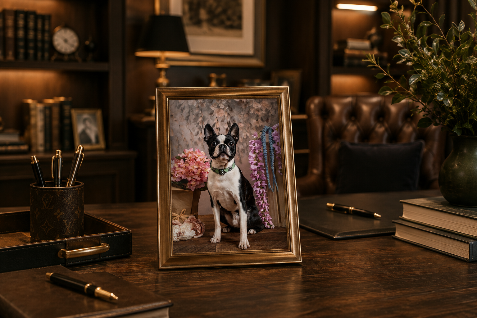 Framed portrait of a Boston Terrier on a dark wood desk in a library office setting