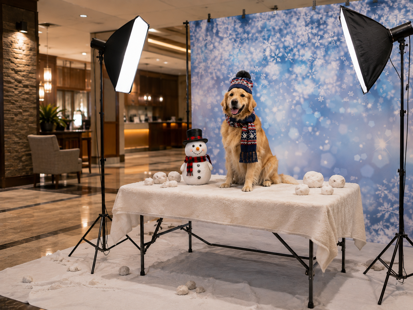 Winter portrait setup in a lobby with a golden retriever wearing a knit hat and scarf, snowman prop, and blue snowflake backdrop between two studio lights