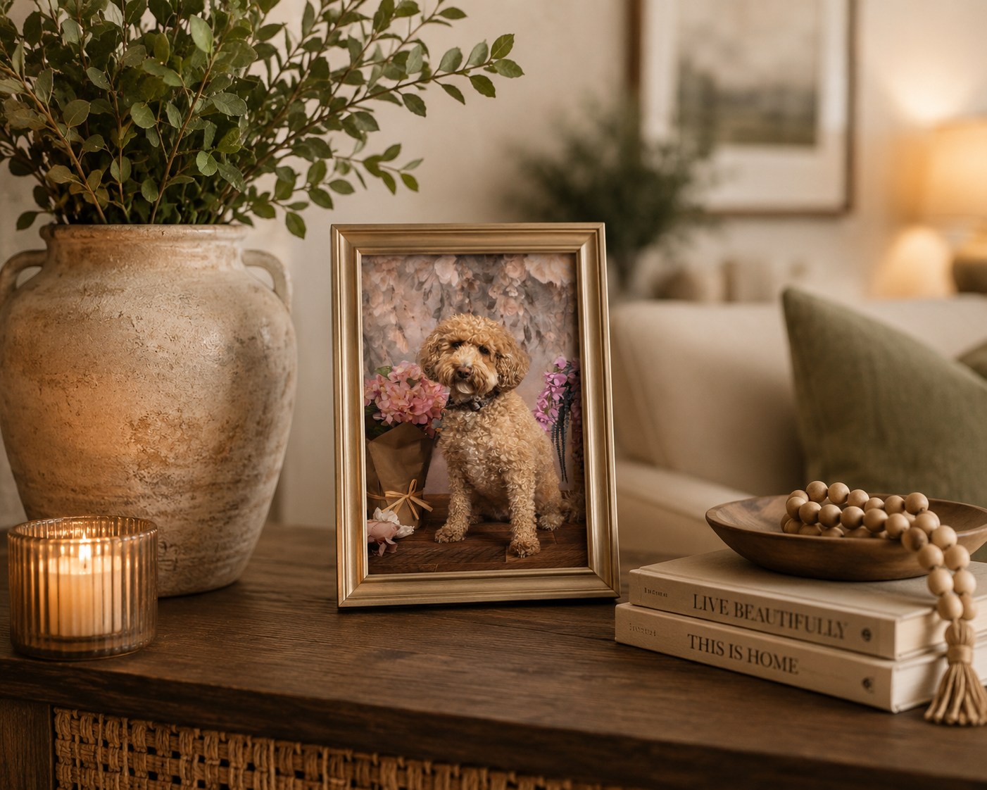 Framed portrait of an apricot doodle on a wooden console table beside a lit candle